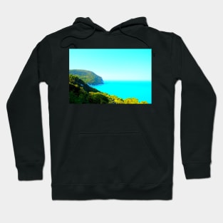 View from Piazzale Marino in Sirolo at the Adriatic Sea, Mount Conero, vegetation and sky Hoodie